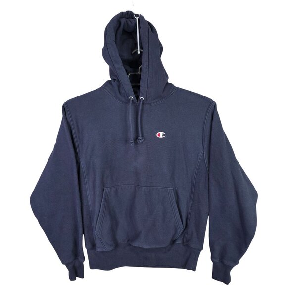 Mens Champion Reverse Weave Navy Hoodie Long Sleeve Cotton Blend Drawstring M - Picture 1 of 8